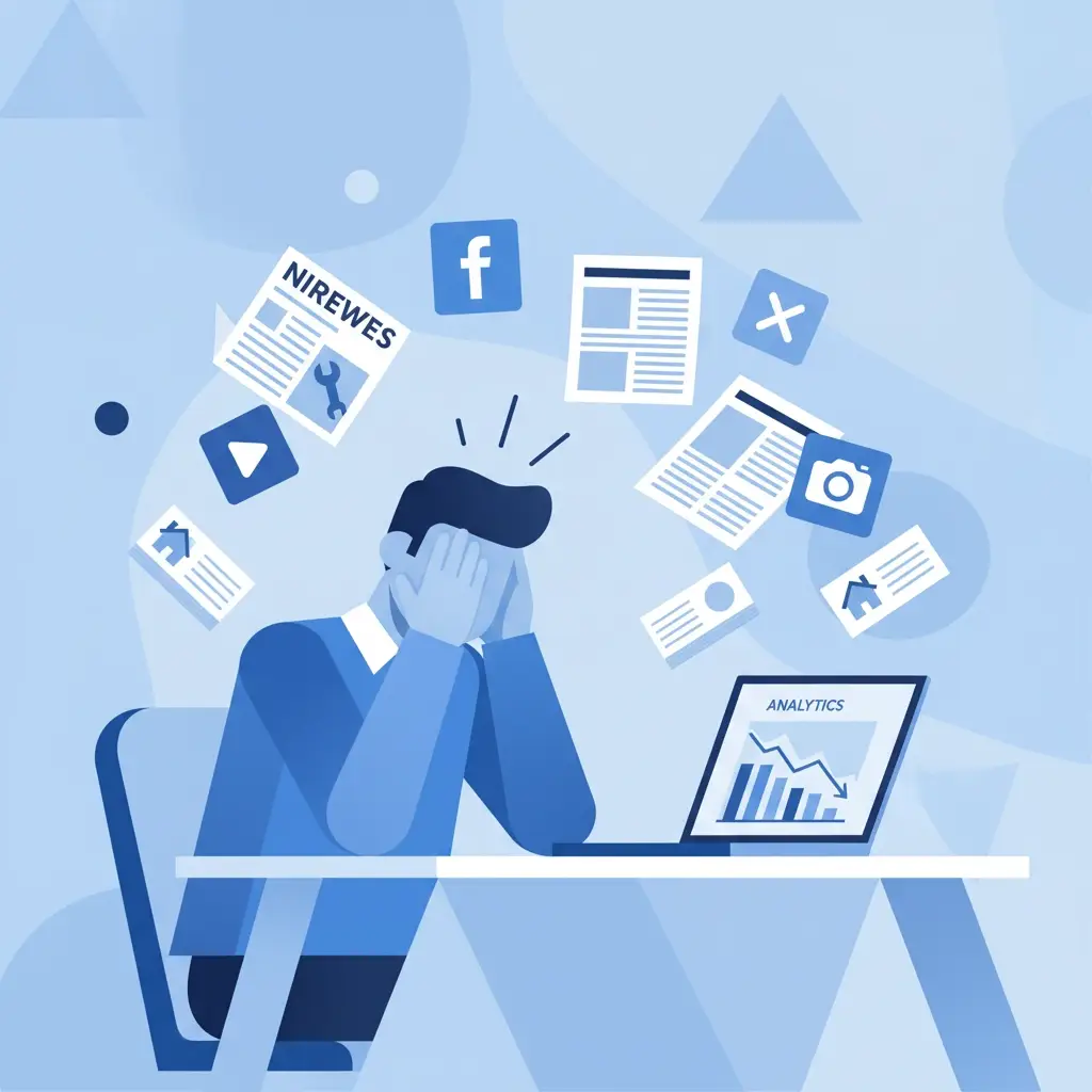 Frustrated marketer analyzing chaotic digital marketing analytics on laptop, surrounded by social media icons and marketing materials.