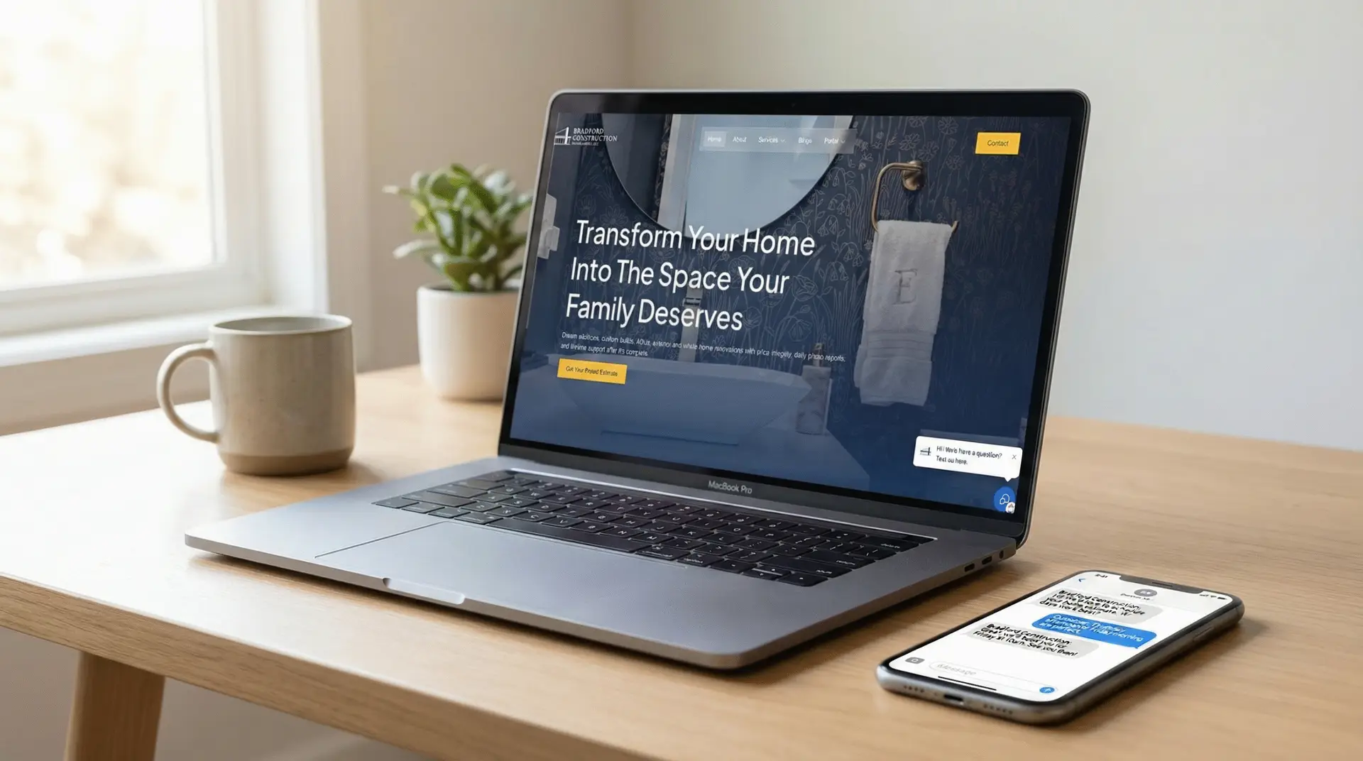 Laptop displaying a home renovation website for a contractor, featuring a call-to-action button and a smartphone showing a text conversation about project inquiries, emphasizing digital engagement for home service businesses.