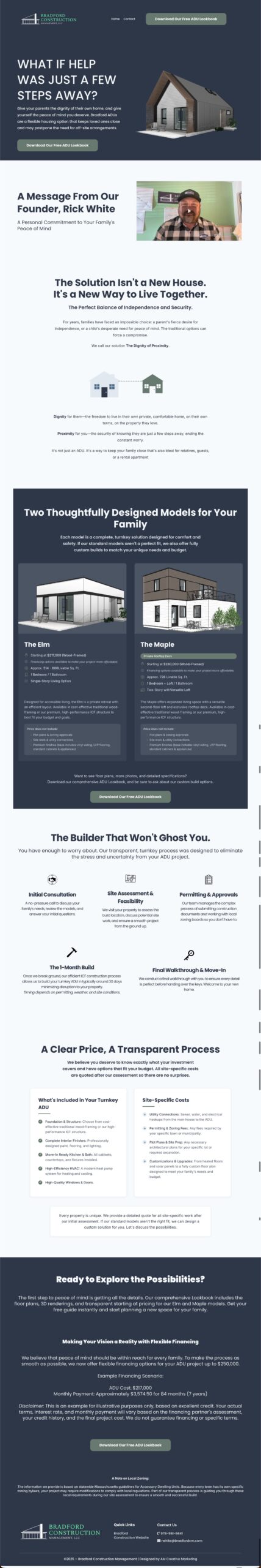 ADU construction landing page featuring two model designs, emphasizing transparent pricing and a streamlined process for homeowners seeking accessory dwelling units.