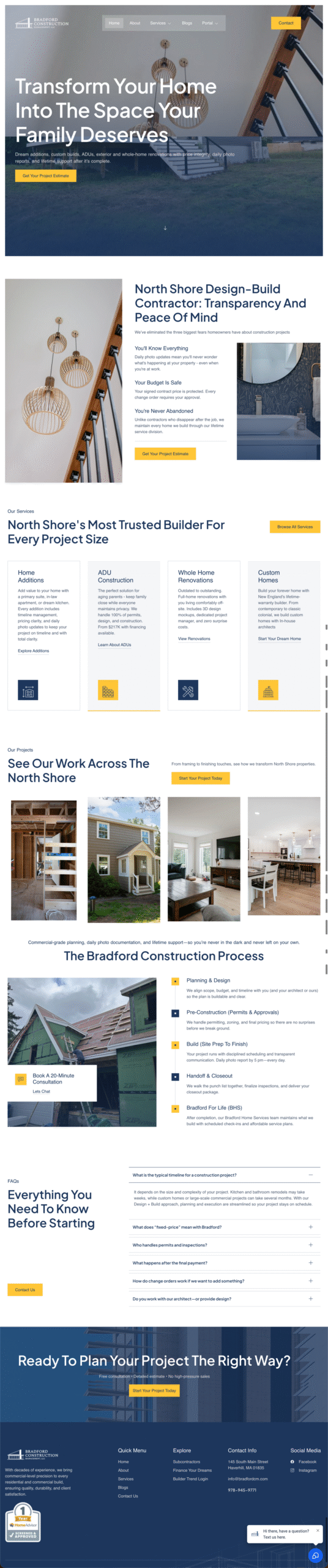 Design-build contractor website showcasing home remodeling services, including additions and ADUs, with clear calls-to-action and project highlights for lead generation.
