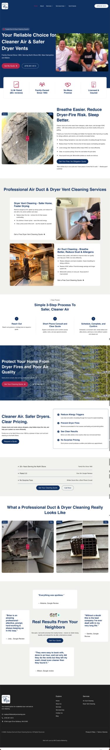 Website design for air duct and dryer vent cleaning services, showcasing clear pricing, customer testimonials, and a streamlined quote request process for lead generation.