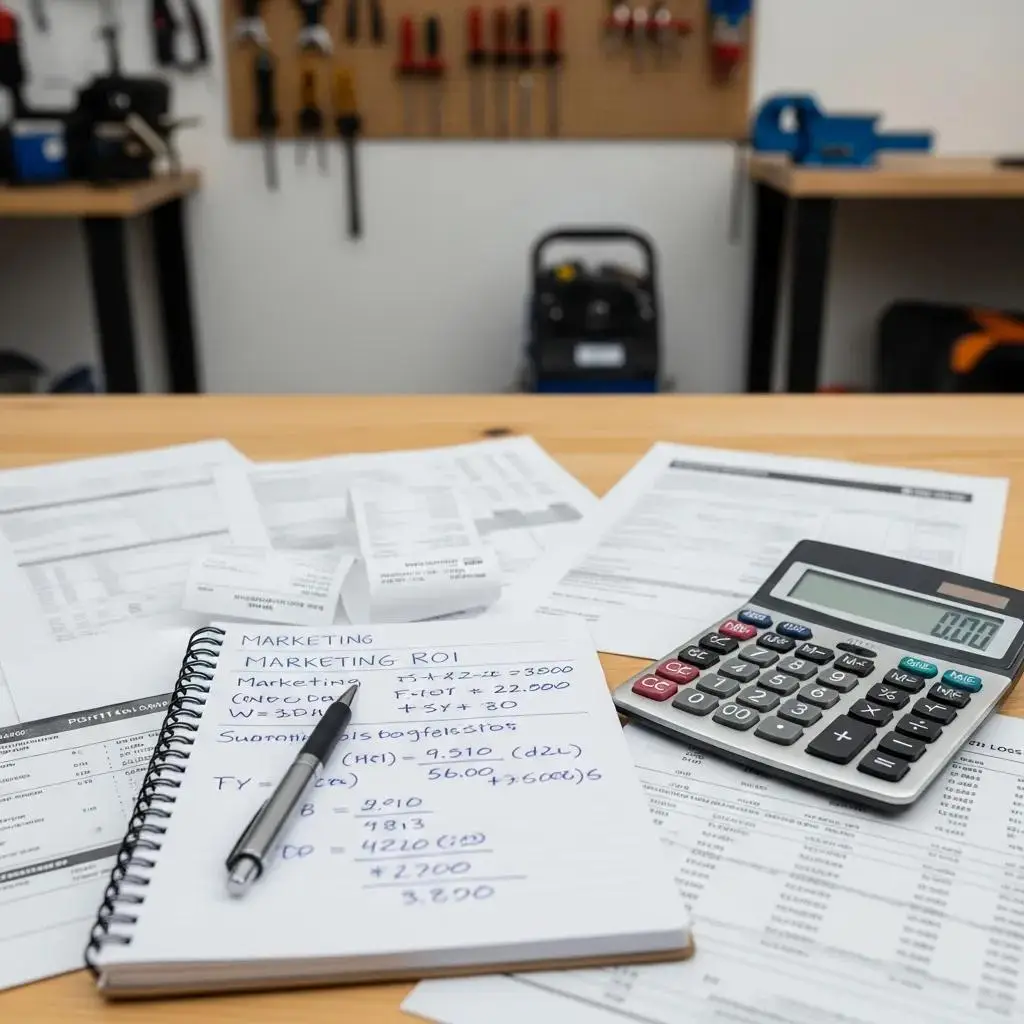 Calculator and financial documents on a workspace, illustrating marketing ROI calculations for home service businesses, including notes on customer acquisition costs and revenue metrics.