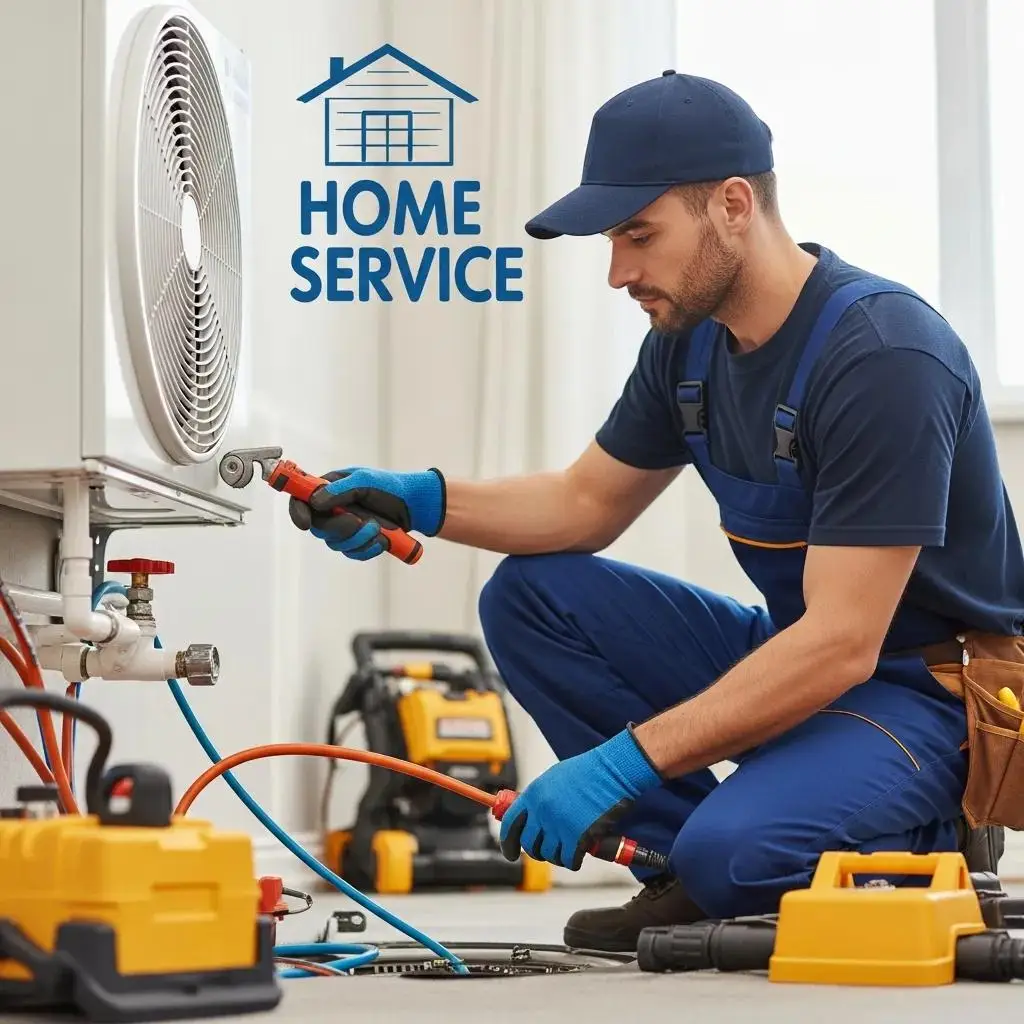 HVAC technician performing maintenance on air conditioning unit, showcasing expertise in home services with tools and equipment prominently displayed.