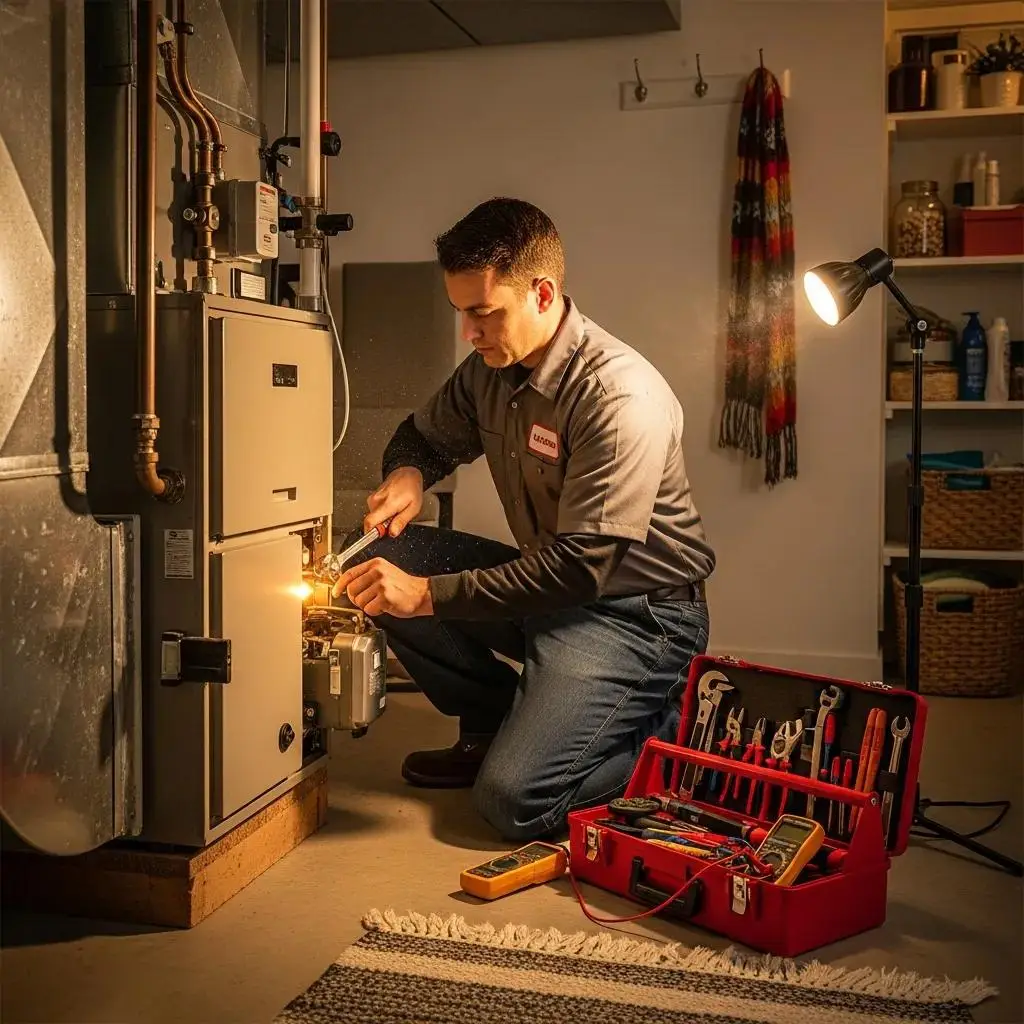 HVAC technician servicing a heating system in a cozy winter home, using tools from a red toolbox for effective maintenance.