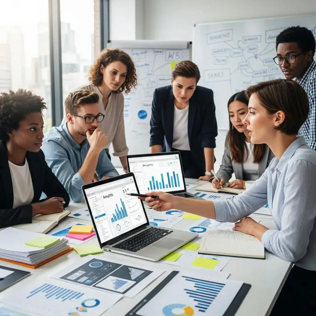 Marketing team analyzing data insights and discussing strategies to optimize marketing spend for home service businesses, with laptops displaying analytics dashboards and performance metrics.
