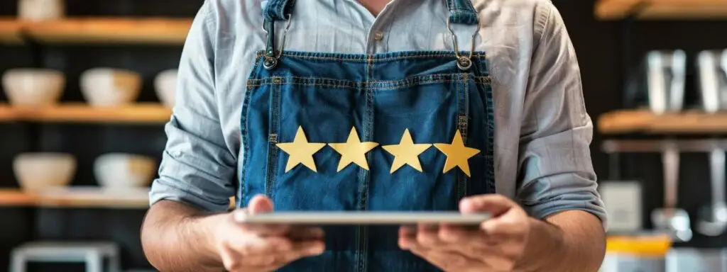 Contractor holding a tablet with gold star ratings, symbolizing customer satisfaction and online reviews for home service businesses.