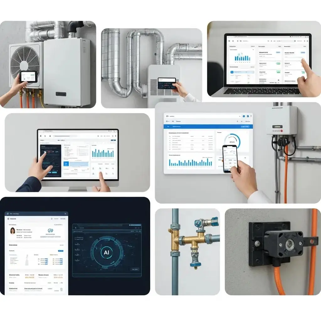 Collage of AI tools for HVAC, plumbing, and electrical services; showcasing technicians using mobile devices and computers to access dashboards, analytics, and customer data for improved lead generation and service efficiency.