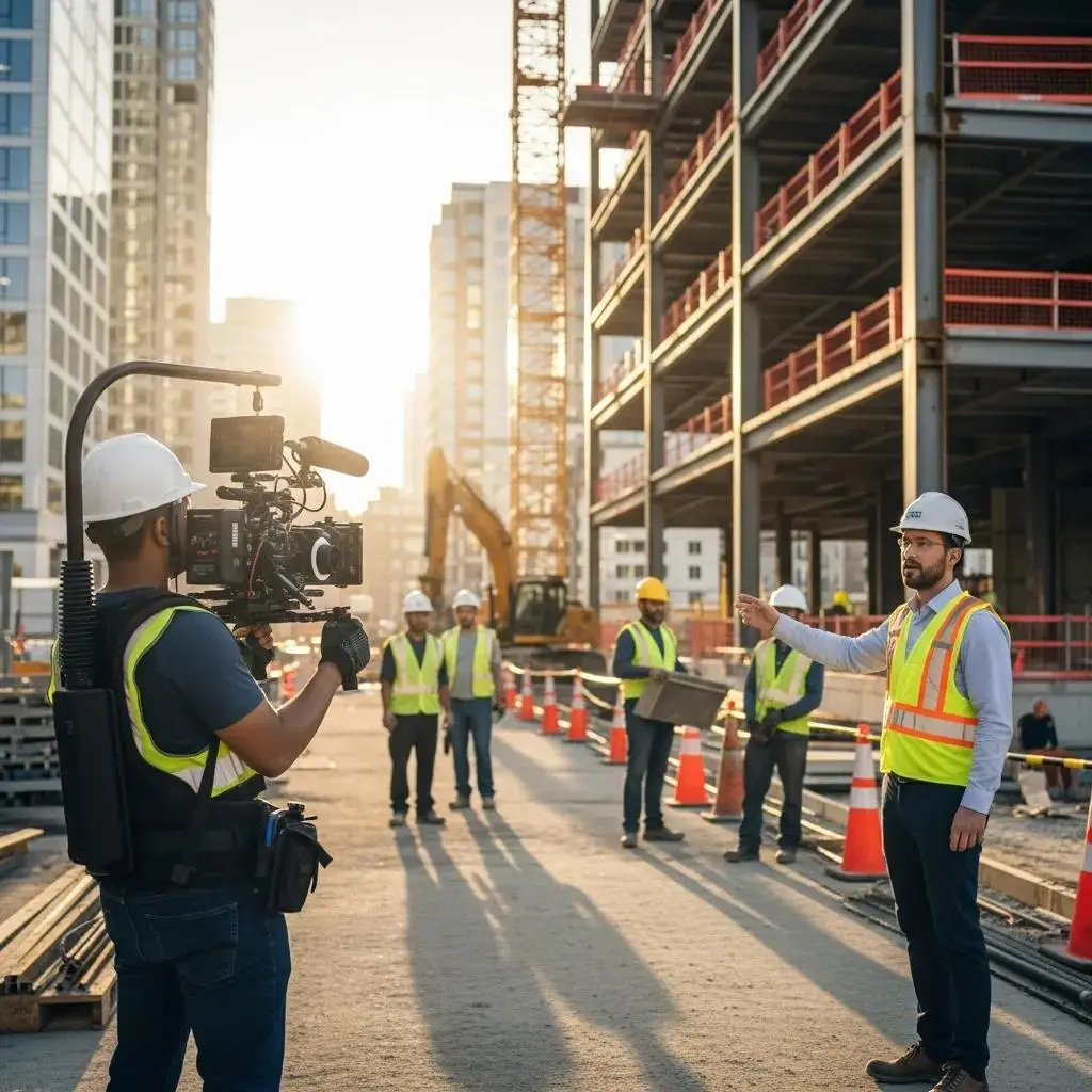 Construction team filming project walkthrough on-site, showcasing video marketing's role in business growth.