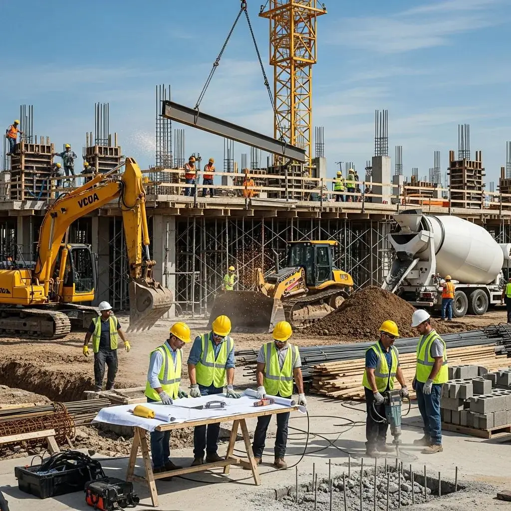 Construction workers collaborating on-site, reviewing blueprints and operating heavy machinery, representing effective marketing strategies for contractors in home services.
