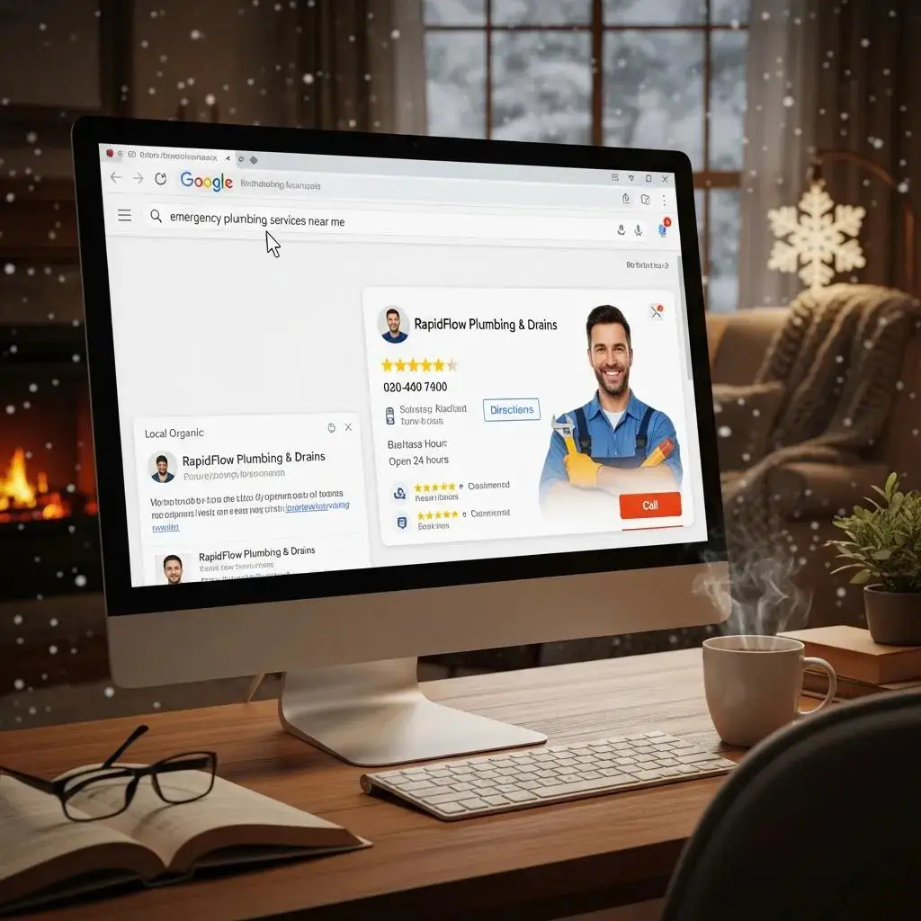 Computer screen displaying Google search results for "emergency plumbing services near me," featuring a plumbing service profile for RapidFlow Plumbing & Drains with contact information, ratings, and a call-to-action button, emphasizing local SEO strategies for winter plumbing leads.