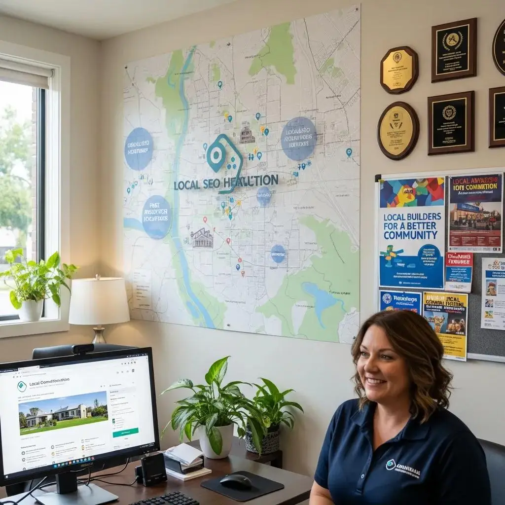 Woman sitting at a desk in an office with a map highlighting local SEO strategies, showcasing construction business marketing and community engagement elements.