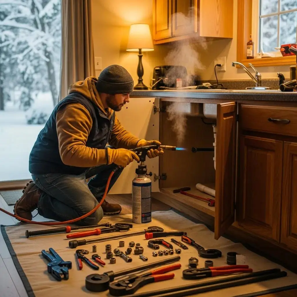 Plumber repairing a frozen pipe inside a warm winter home — highlighting emergency plumbing services