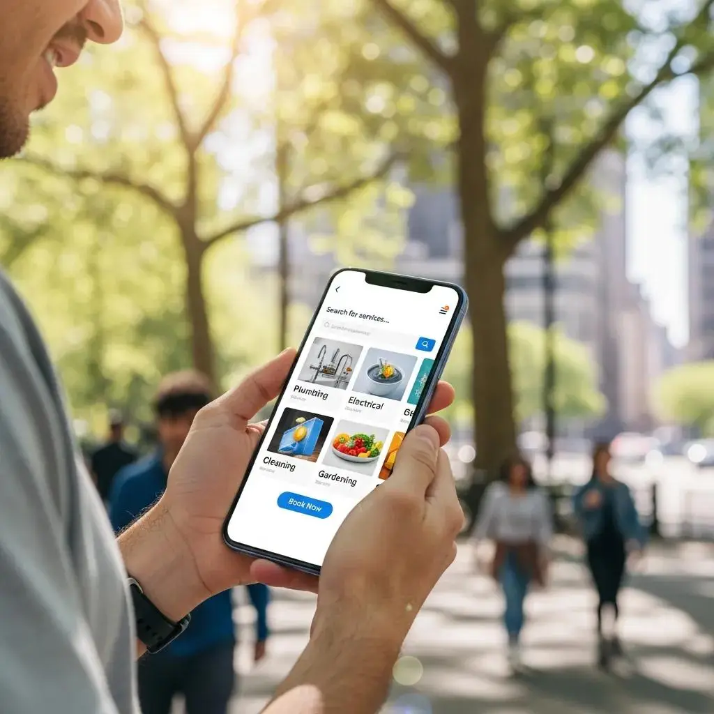 User browsing a mobile-friendly home service website on a smartphone, viewing options for plumbing, electrical, cleaning, and gardening services in an outdoor setting.