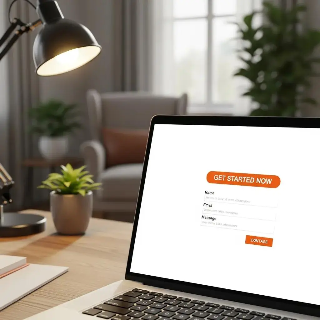 Laptop displaying a lead capture form with "GET STARTED NOW" call-to-action in a home office setting, emphasizing user-friendly design for home-service businesses.