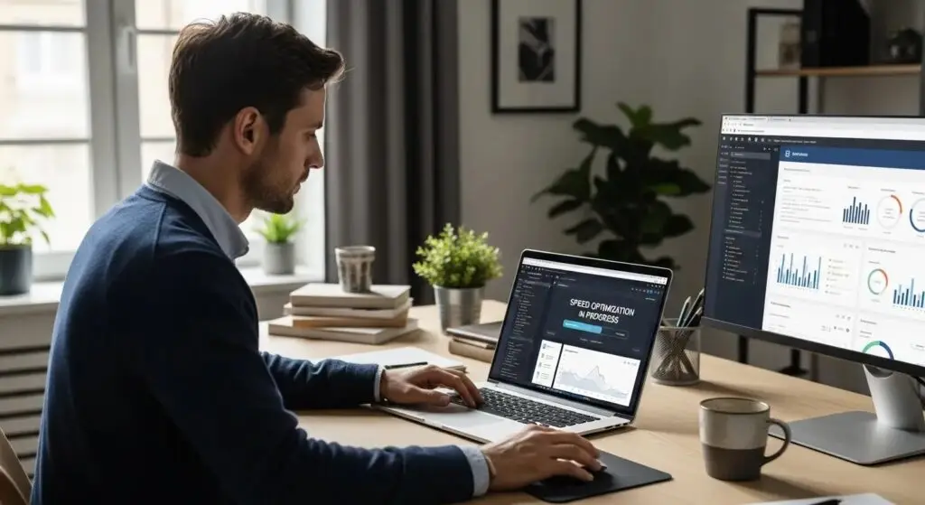 Home service professional optimizing website speed on a laptop in a modern workspace