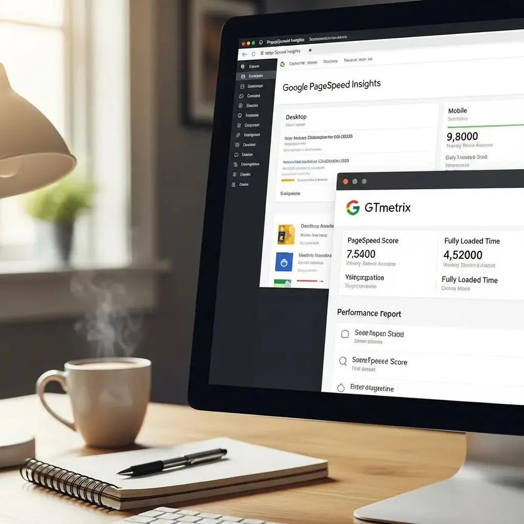 Computer screen displaying Google PageSpeed Insights and GTmetrix performance metrics, emphasizing website speed analysis for home service businesses in a home office setting.
