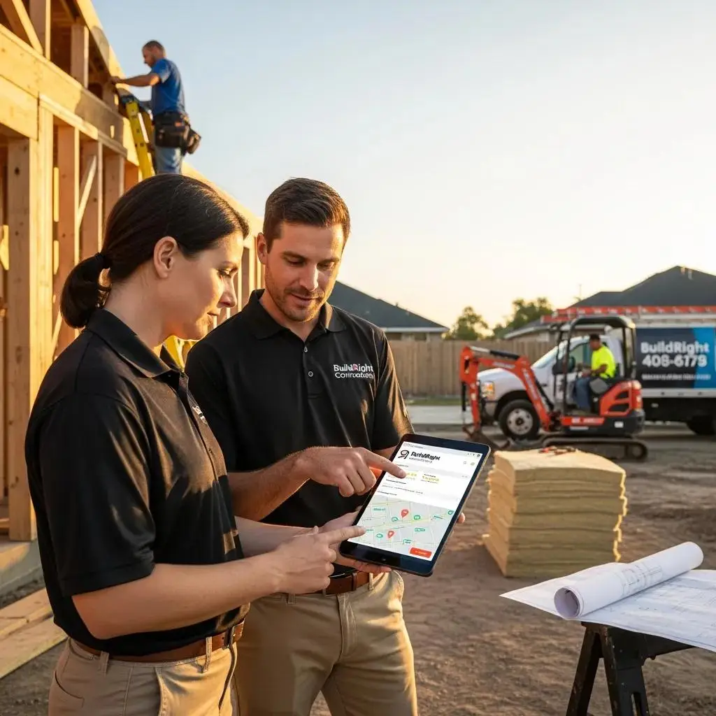 Contractor and client reviewing project details on a tablet at a construction site, emphasizing mobile optimization for home service businesses.