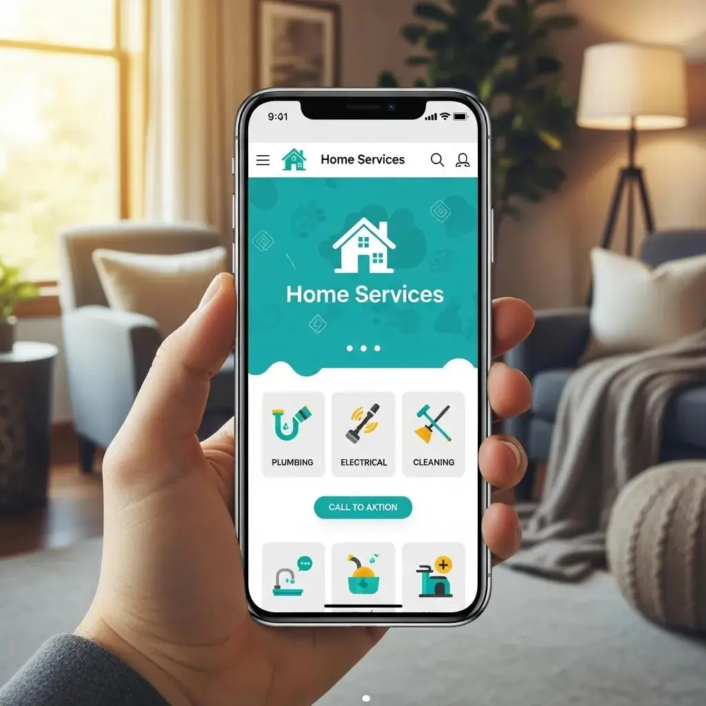 Mobile device displaying a beautifully designed home service website in a cozy home setting