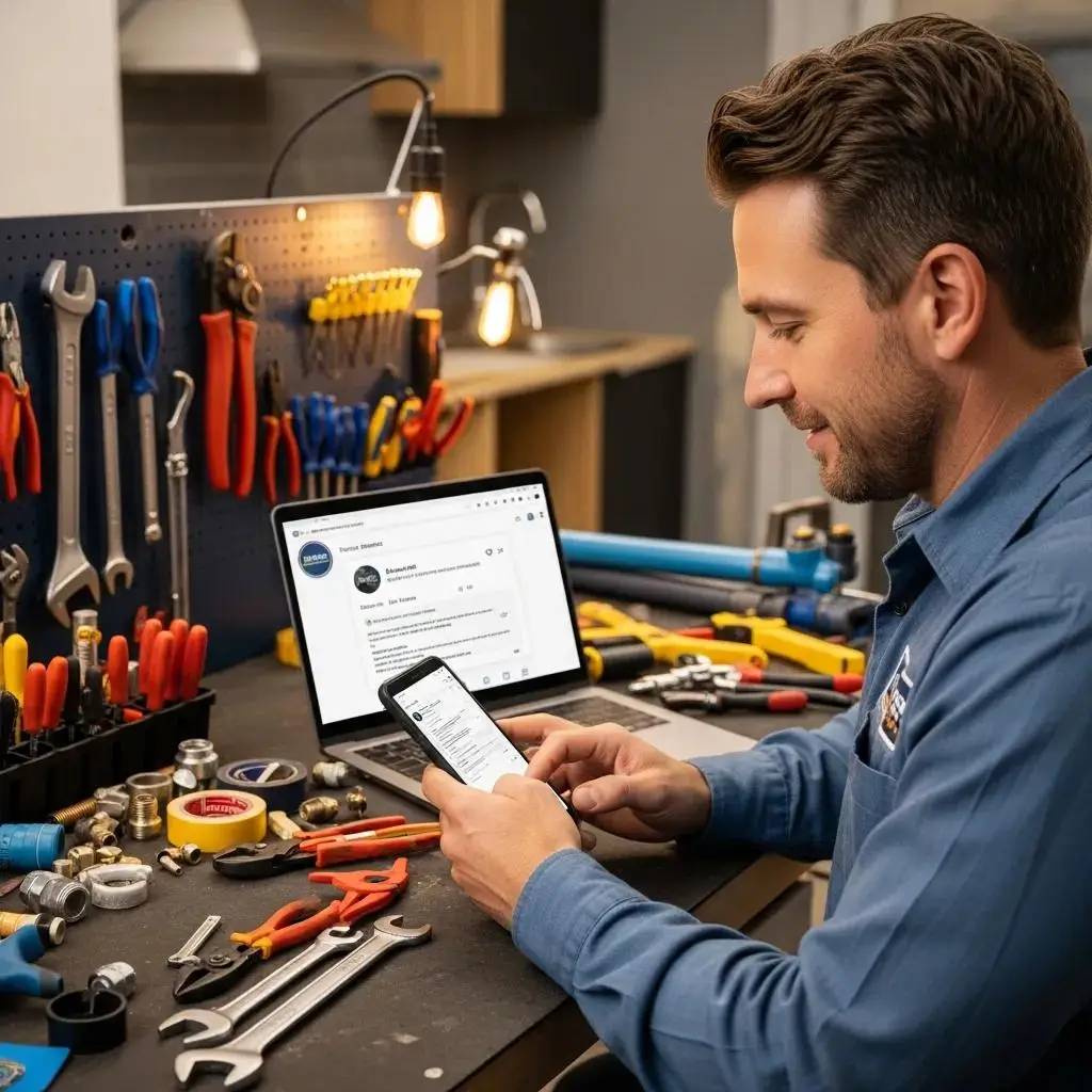 Plumbing contractor engaging with customers on smartphone while managing tools and laptop in a workshop setting.