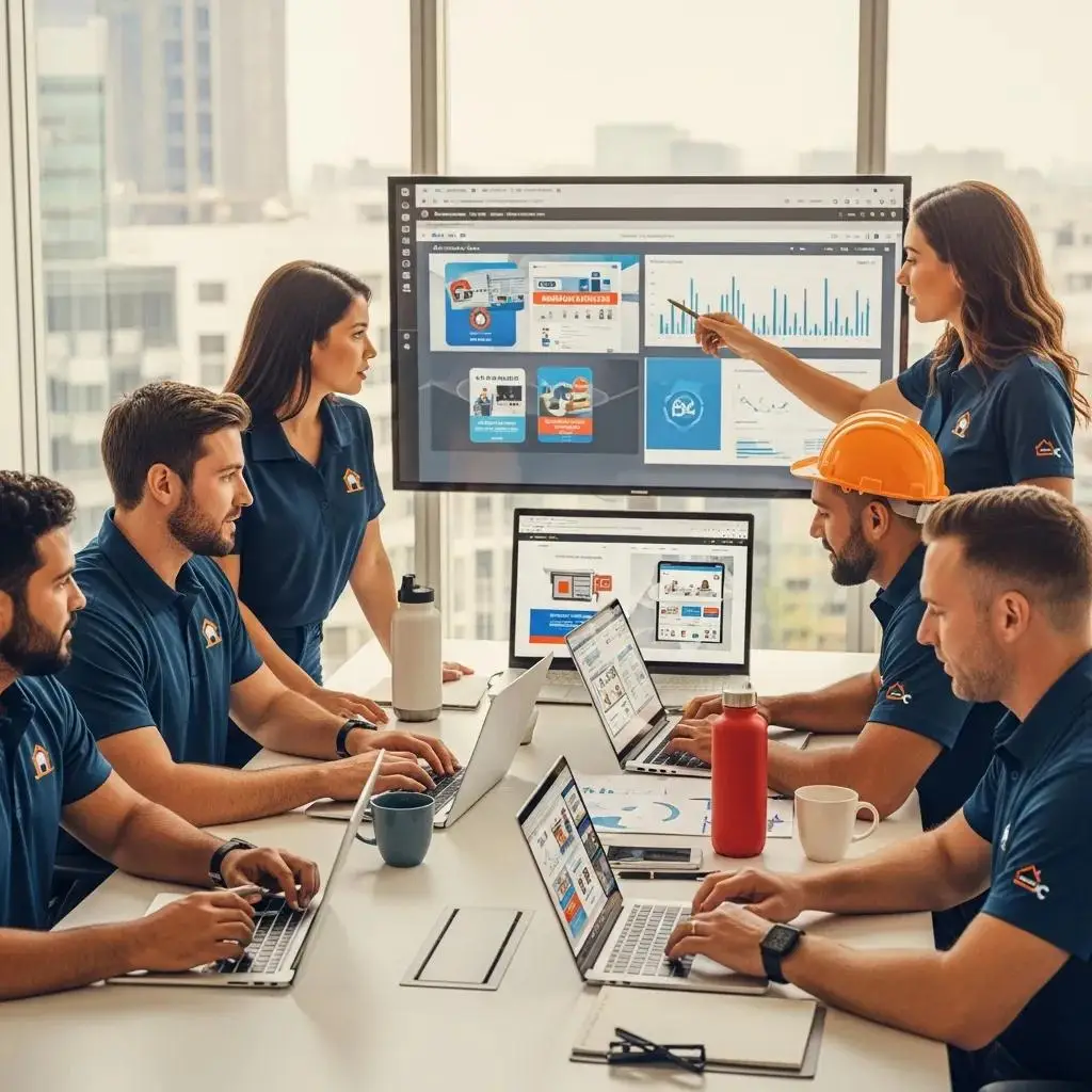 Team of HVAC, plumbing, and construction professionals collaborating on marketing strategies in a modern office