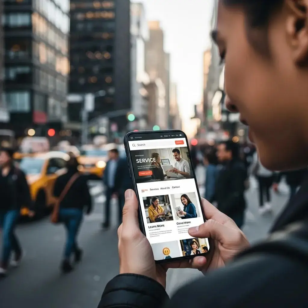 User browsing a mobile-optimized service website on a smartphone in an urban setting, showcasing local contractor services and enhancing customer engagement.