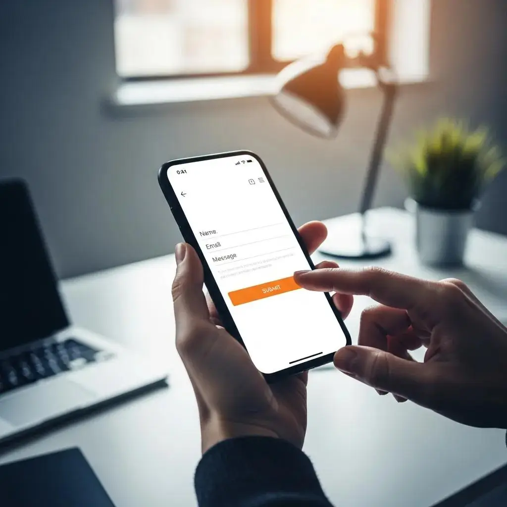 User engaging with a mobile contact form, highlighting streamlined lead generation for home service businesses in a modern workspace.