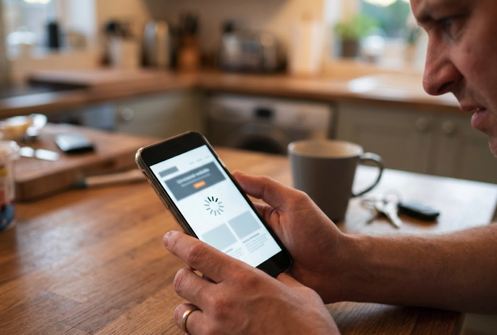 Man looking at smartphone displaying a loading website, emphasizing the importance of fast-loading mobile sites for contractors to attract leads.
