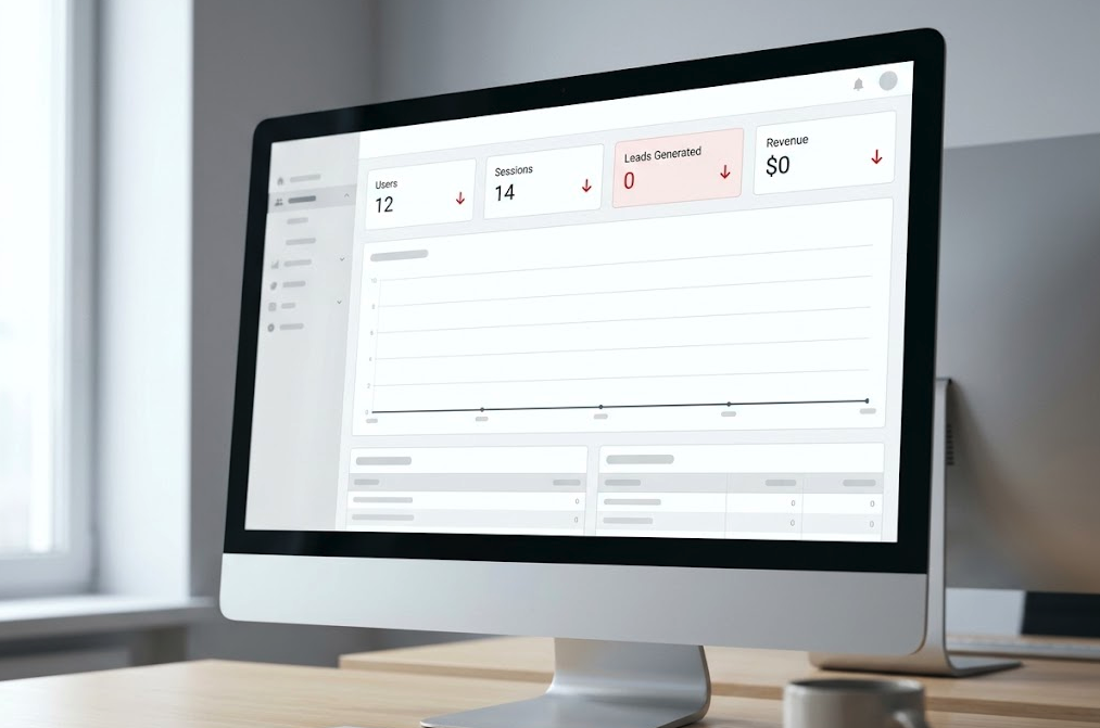 Dashboard displaying lead generation metrics for contractor websites, showing users, sessions, leads generated, and revenue data.
