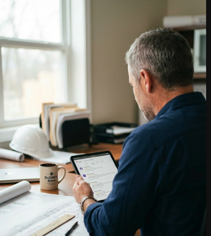 Builder reviewing online reviews and testimonials on tablet.