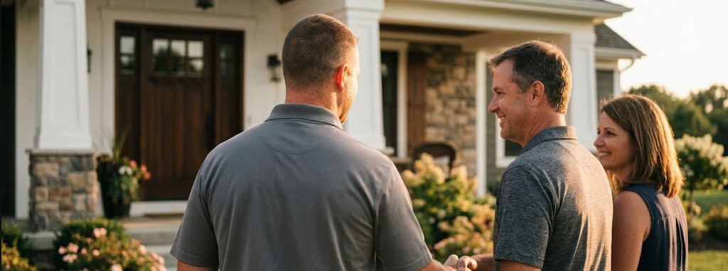 Builder discussing kitchen remodel with satisfied homeowners.