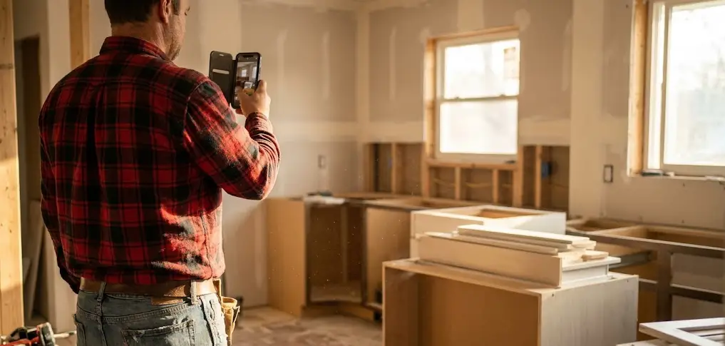 Contractor capturing job site progress with smartphone for social media marketing.