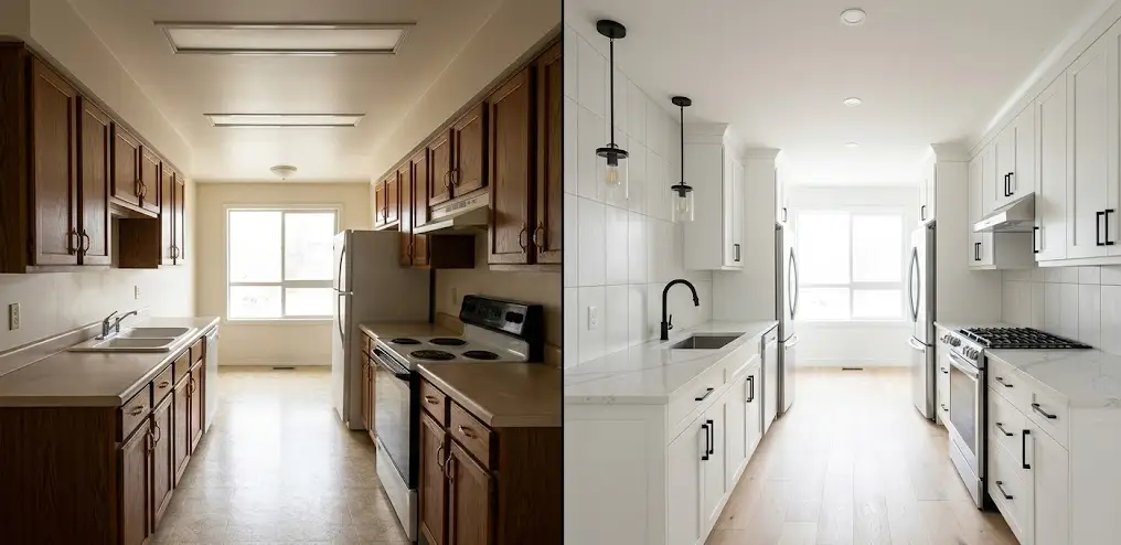 Before and after kitchen remodel showcasing cabinet and tile updates for contractor marketing.