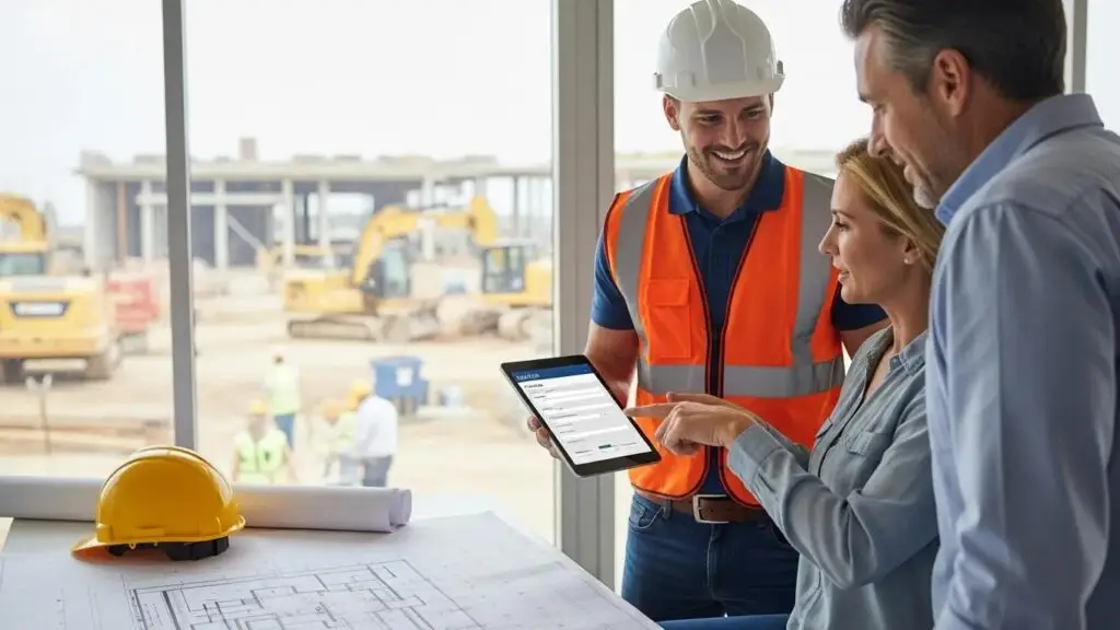 Contractor using a tablet to engage clients with lead capture forms on a construction site