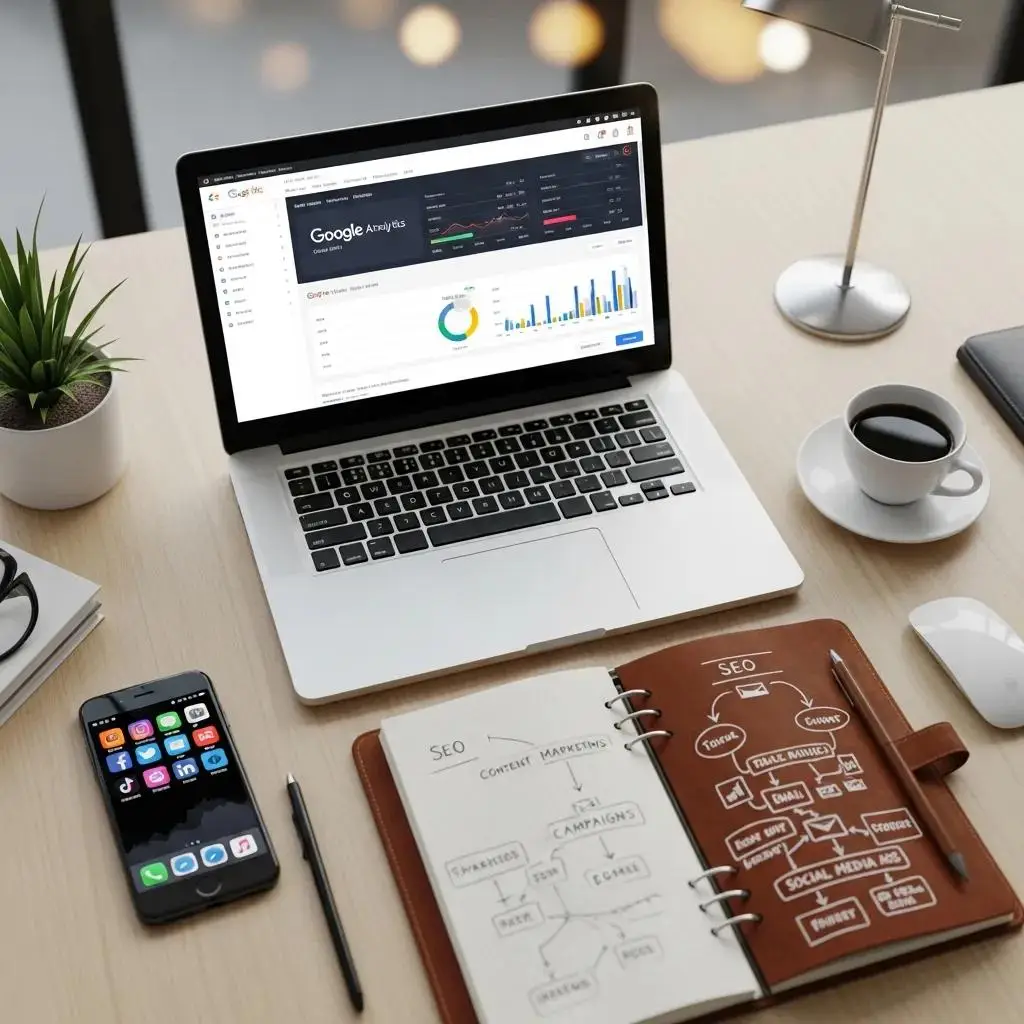 Digital marketing tools including Google Analytics and social media apps on a desk