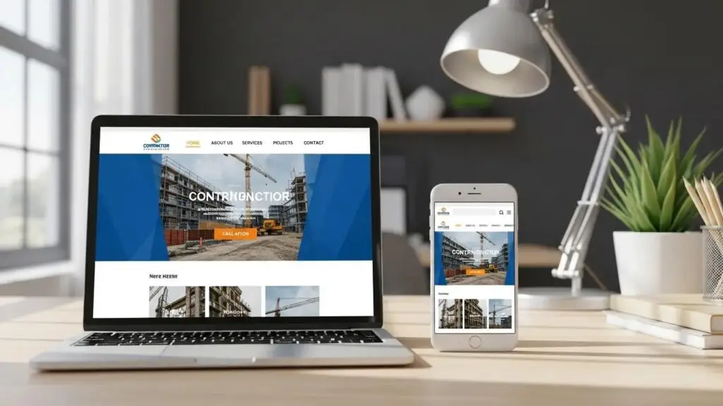 Modern contractor website design displayed on laptop and mobile device in a professional workspace