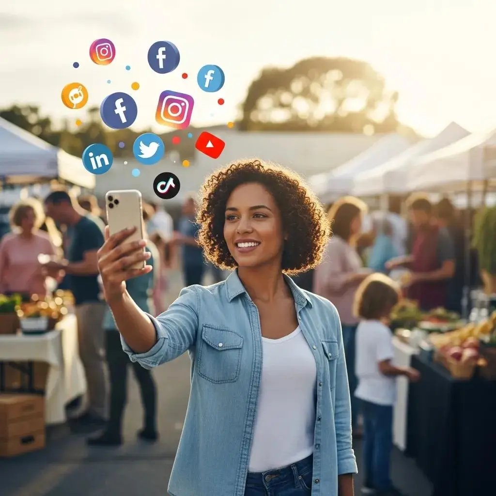 Woman engaging with customers at a market, holding smartphone with floating social media icons, illustrating effective social media strategies for small businesses.