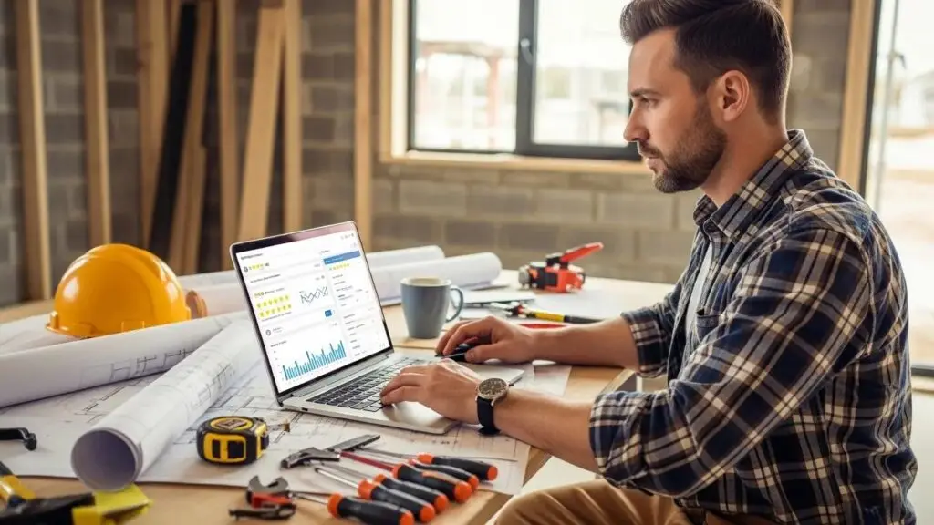 Builder using laptop to monitor online reviews, representing proactive reputation management in the construction industry