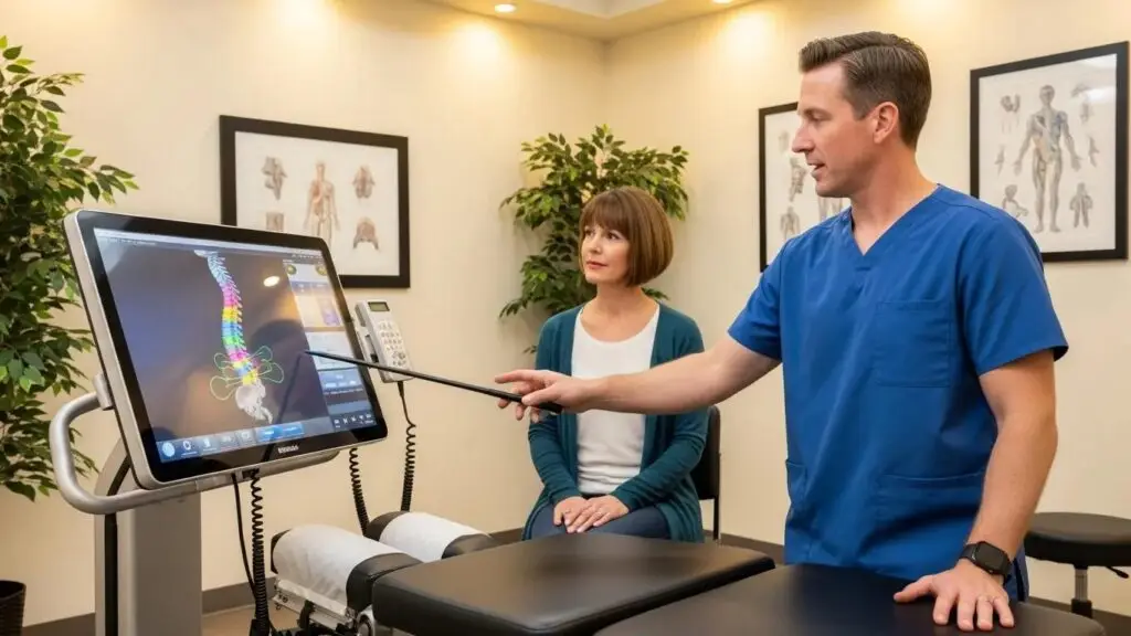 Chiropractor demonstrating spinal decompression therapy techniques with a traction table