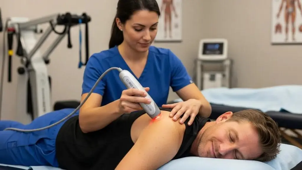Chiropractor performing Class IV laser therapy on a patient