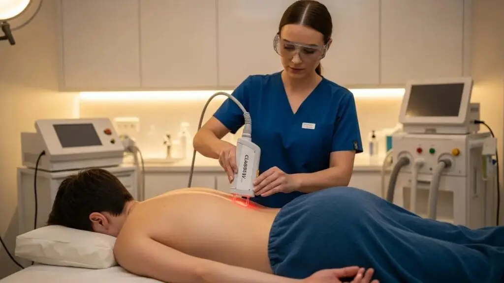Class IV laser therapy session demonstrating advanced pain relief techniques in a clinical environment