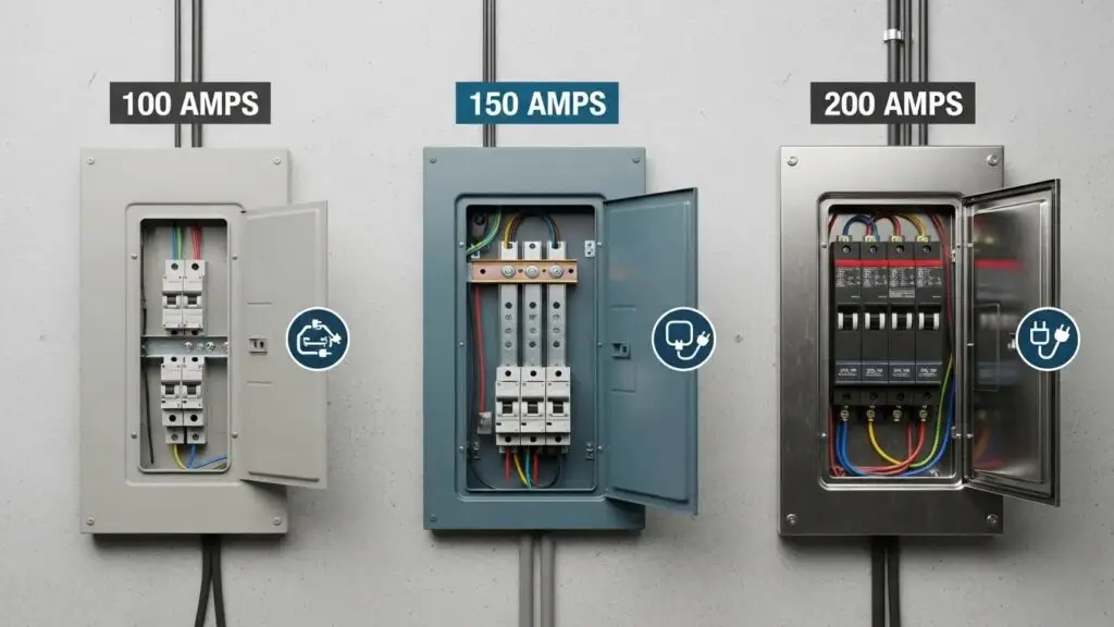Comparison of 100 amp, 150 amp, and 200 amp electrical panels for EV charging