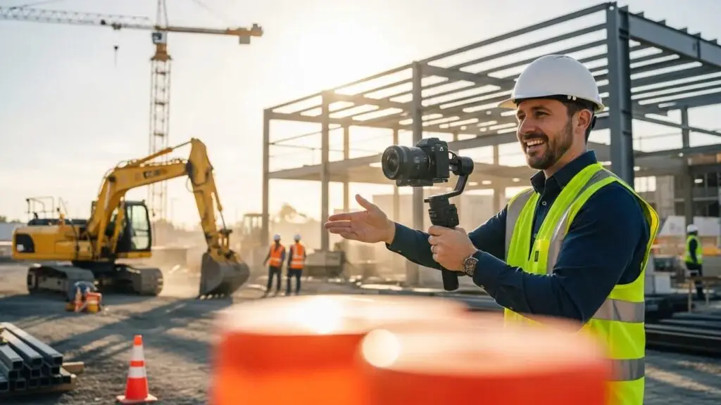 Construction professional filming a project walkthrough, highlighting video marketing strategies for lead generation