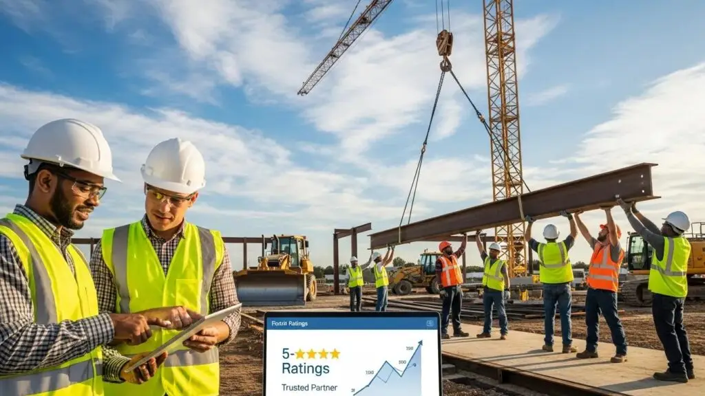 Construction site with builders collaborating, symbolizing the importance of reputation management in the construction industry