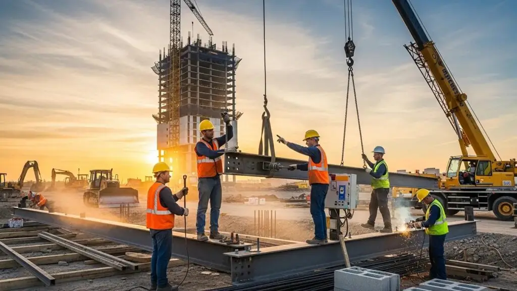 Construction site with workers collaborating, emphasizing SEO strategies for construction companies