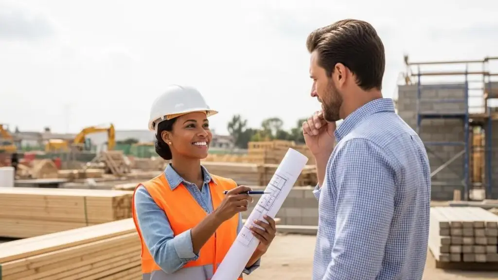 Contractor discussing project details with a client, highlighting the importance of positive interactions for review management