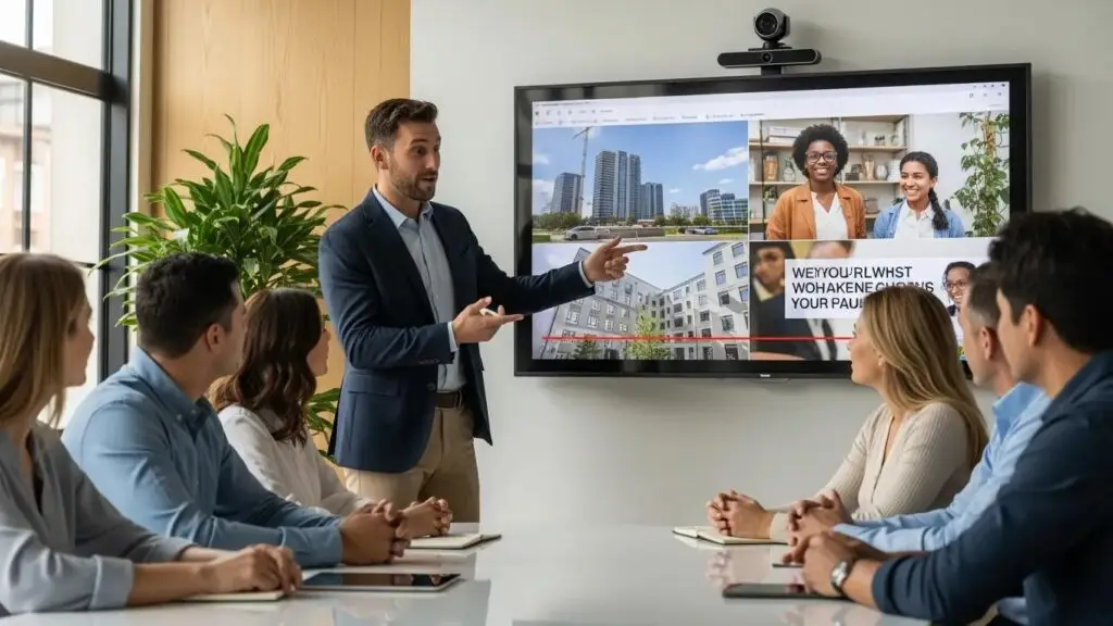 Contractor presenting engaging video content to clients, emphasizing storytelling