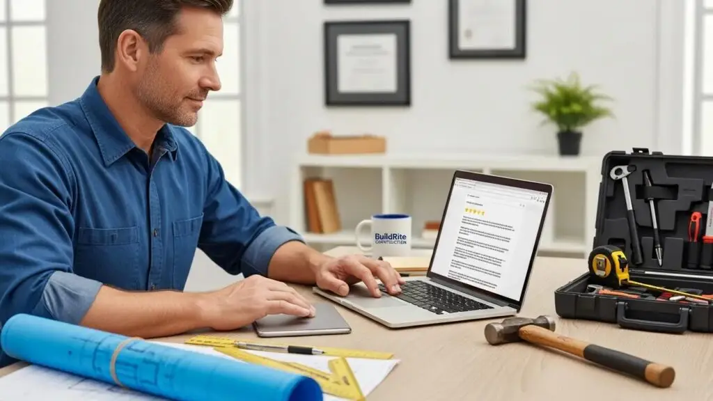 Contractor responding to negative feedback on a laptop, demonstrating professionalism in managing online reviews