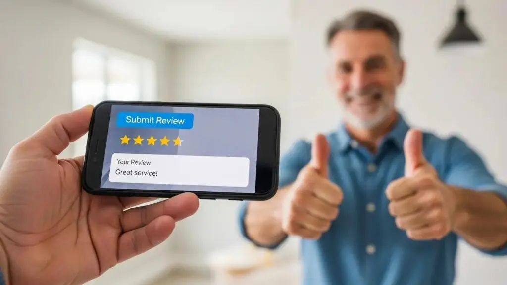 Contractor using a smartphone to manage online reviews, illustrating the importance of technology in soliciting feedback