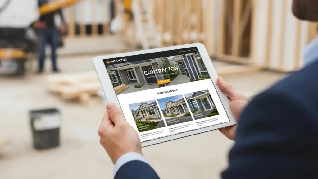 Contractor's website design on a tablet showcasing user-friendly interface and vibrant project images