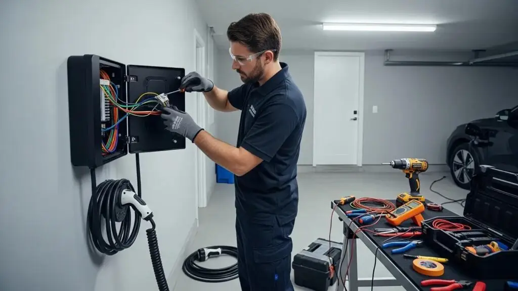Electrician installing an EV charger in a residential home, illustrating the installation process